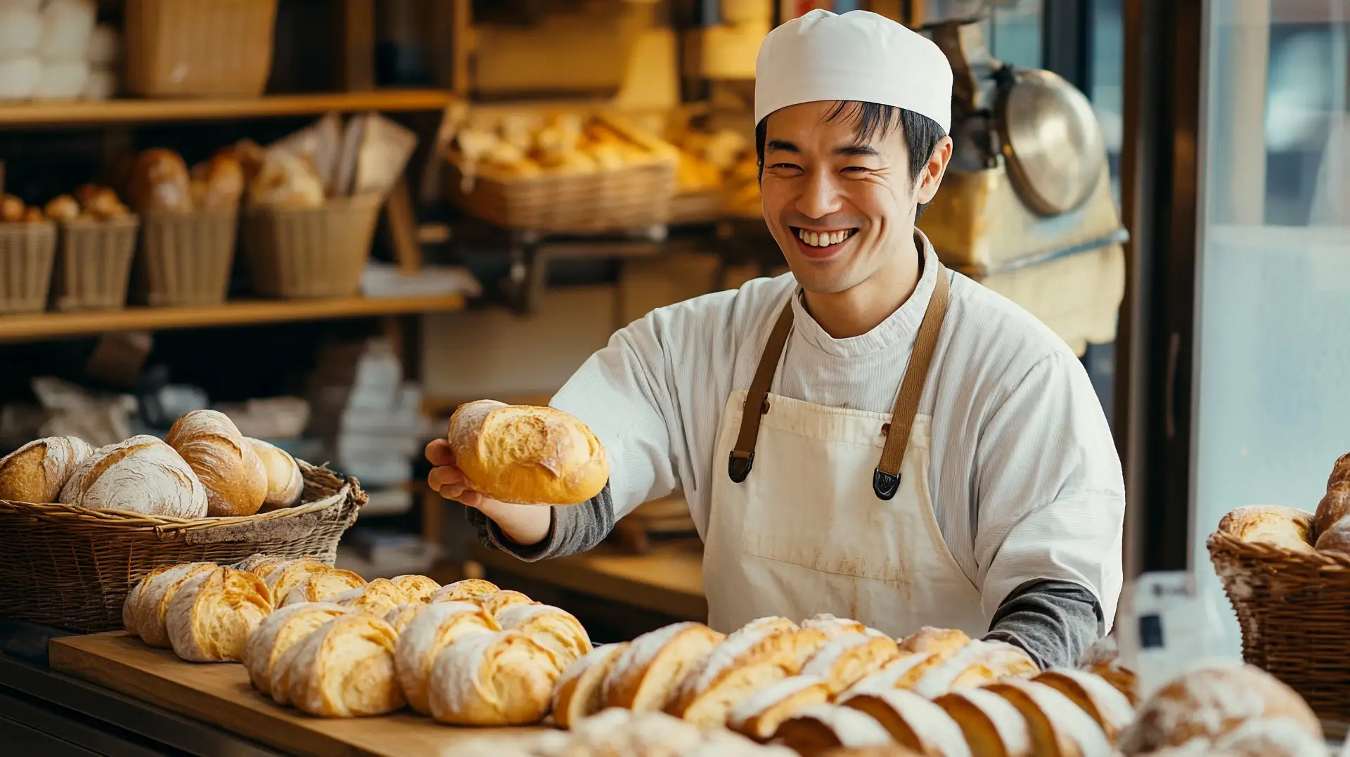 パン屋の店内で、焼き上がったパンを手に笑顔を見せる職人