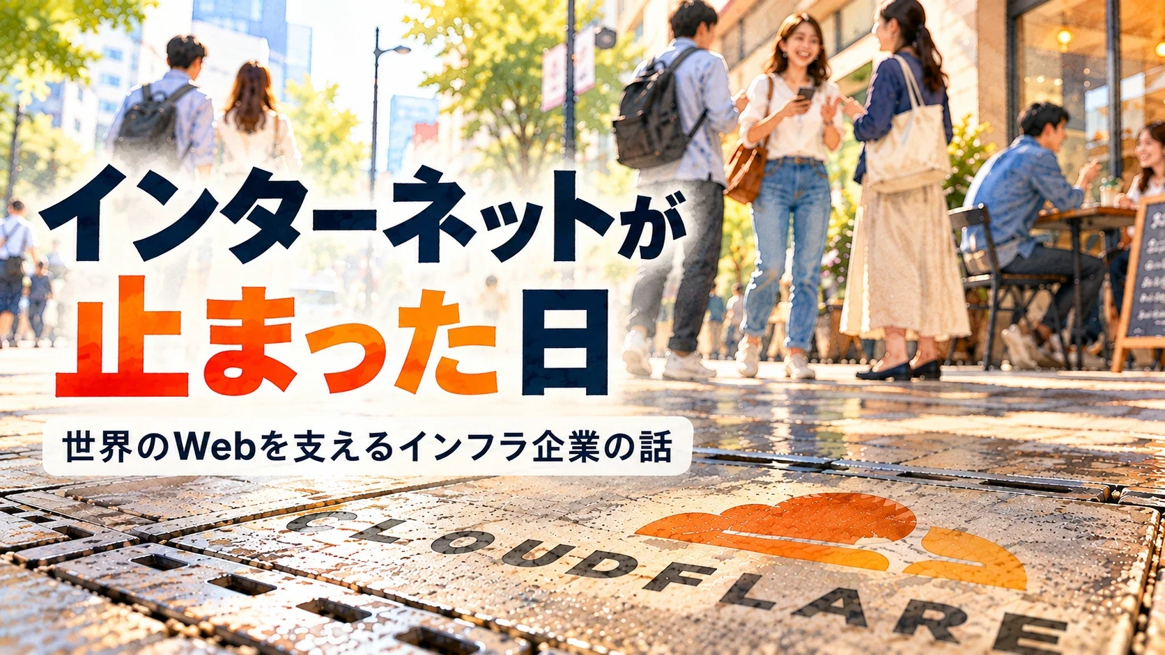 Cloudflareのロゴが刻まれた街の路面を、人々が気にせず行き交う水彩画風のイラスト。インターネットが止まった日