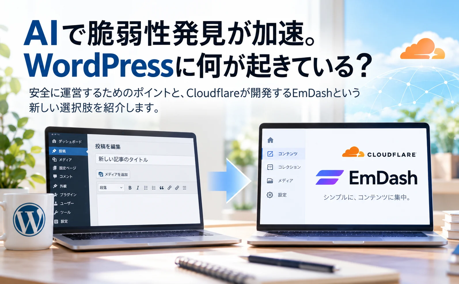 WordPressとEmDashの管理画面を並べ、新しいCMSの選択肢を紹介するアイキャッチ画像