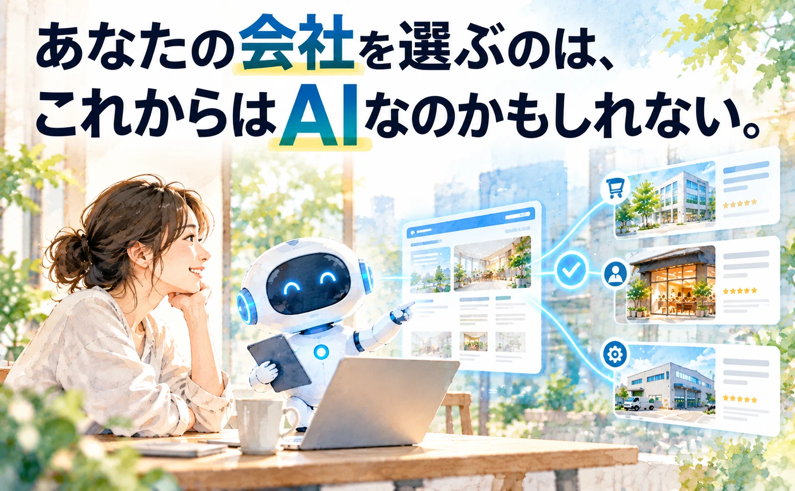 女性がAIアシスタントに買い物を相談し、AIが複数の企業のWebサイトを比較して購入先を選ぶ水彩画風アイキャッチ